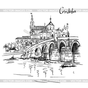 Mezquita and Roman bridge in Cordoba, Spain - vector image