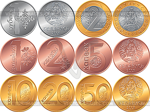 Set obverse and reverse new Belarusian Money coins - vector image