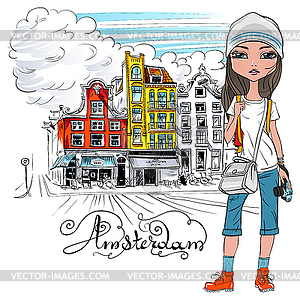 Beautiful fashion girl in Amsterdam - vector clipart