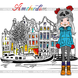 Amsterdam canal and typical dutch houses - vector image