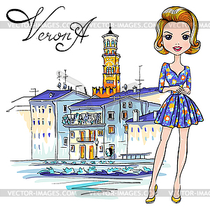 Cute fashion girl in in Verona, Italy - vector clipart