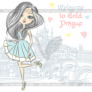 Cute girl in Prague - vector clipart