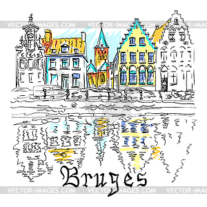 Scenic city view of Bruges canal with beautiful - vector image