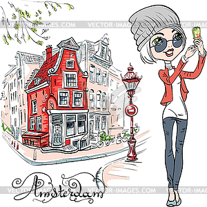 Beautiful girl makes selfie in Amsterdam - vector clip art