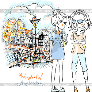 Beautiful fashion girls in Amsterdam - vector clipart