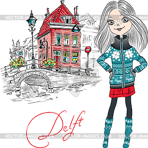 Beautiful girl in Delft, Netherlands - vector clip art