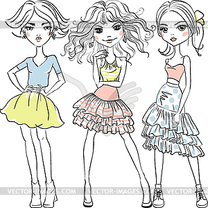 Cute fashion girls in t-shirts and skirts - vector image