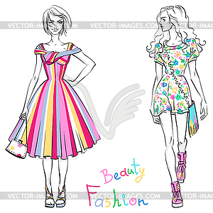 Fashionable girls in summer dresses - vector clipart