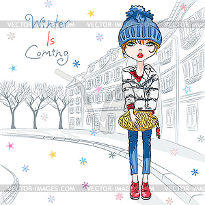 Fashion girl in winter clothes in old town - color vector clipart