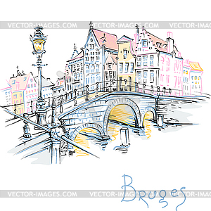 Scenic city view of Bruges canal with beautiful - vector clipart