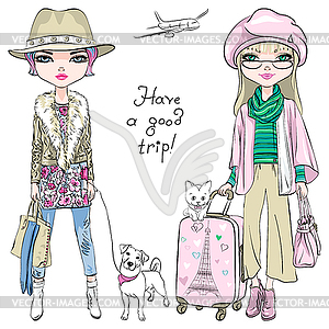 Beautiful fashion girls travel world - vector image