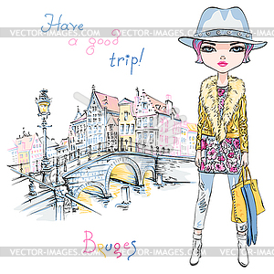 Fashion girl in winter clothes in Bruges - vector clip art