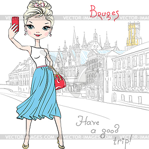 Cute hipster girl makes selfie in Bruges, Belgium - vector image