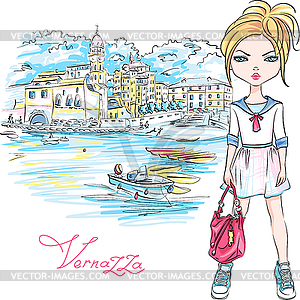 Cute fashion girl in Vernazza, Italia - stock vector clipart