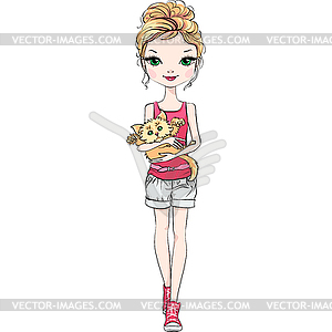 Beautiful fashion girl with cat - vector image