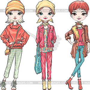 Set fashion girl in autumn clothes - vector clipart