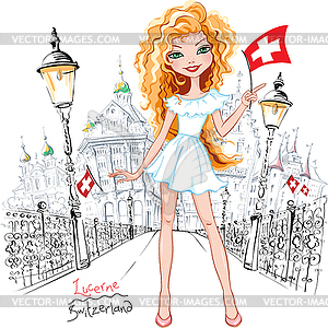 Cute fashionable girl in Lucerne - vector clip art