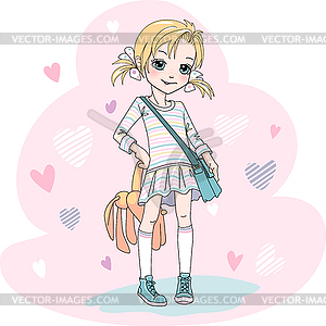 Baby girl with bag and toy - vector image