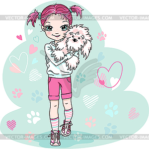 Cute baby girl with puppy - vector clip art