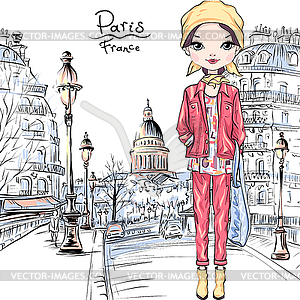 Baby girl in Paris - vector clipart