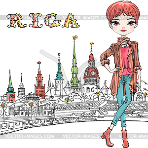 Cute redhead girl in Riga, Latvia - vector clipart