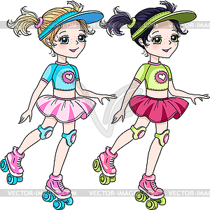 Two baby girls Roller Blading - vector image