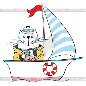 Cat captain on ship - vector image