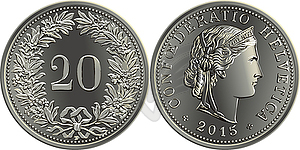 Швейцарские деньги 20 сантимов серебряная монета - иллюстрация в векторе