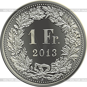 Swiss money 1 franc silver coin - vector image