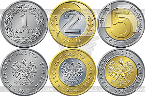 Установите польские деньги одну, две и пять злотых монет - векторное изображение EPS