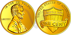 American money gold coin one cent, penny - vector image