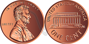 American money gold coin one cent, penny - vector EPS clipart