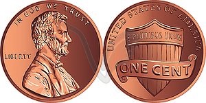 American money gold coin one cent, penny - vector clipart