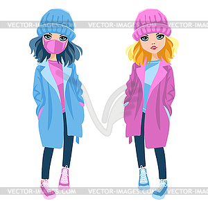 Cute girls in warm coats - vector clipart