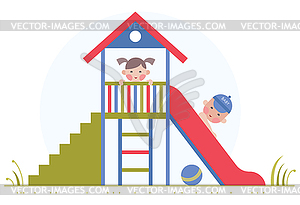 Children are played on slide - vector clipart