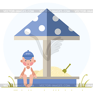 Boy playing in sandbox - vector clipart