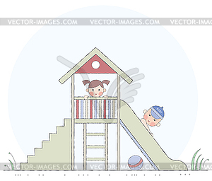 Children are played on slide - color vector clipart