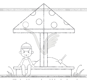 Boy playing in sandbox outline - vector clipart