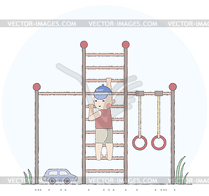 Boy playing in playground on stairs - vector clip art