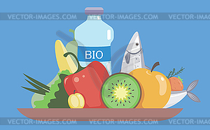 Healthy food - fruit, vegetables, fish - vector image