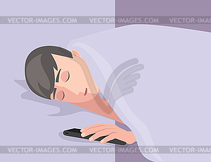 Man sleeping with mobile phone in hand - vector clip art