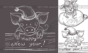 Funny piggy backgrounds set in pencil drawing style - vector clipart