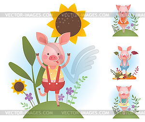 Funny piggy backgrounds set - color - vector image