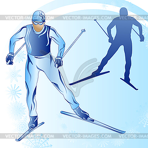 Stylized figure of a skier on a blue background - vector image