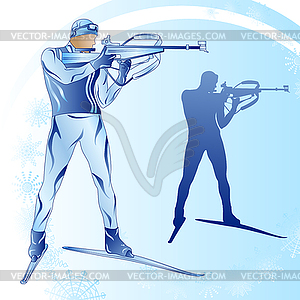 Stylized figure of biathlonist on blue background - vector clipart