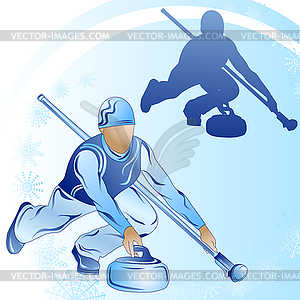 Stylized figure of curler on blue background - vector clip art