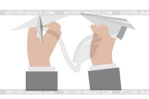 Hand holding paper airplane - vector clip art