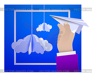 Male hand holding paper plane against sky with pape - vector clipart