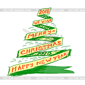 Christmas tree in form of ribbon drawn by pen on - vector clipart