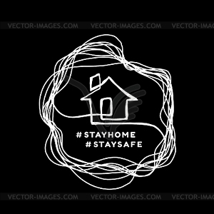 Оставайся дома. дом нарисован в закрытом линейном - векторизованное изображение клипарта